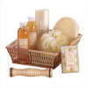GINGER WHITE TEA SET-BASKET A charming rustic, woven cord-framed basket holds a lavish array of ginger tea-scented bath and body products, including a personal massager, relaxing aromatic candles, and much more!